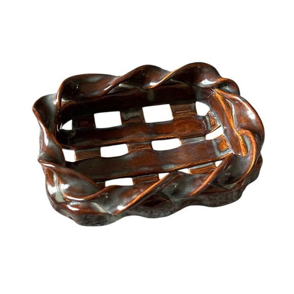 Signed Dark Brown and Gray Glazed Heavy Ceramic Woven Decorative Basket - Picture 1 of 8